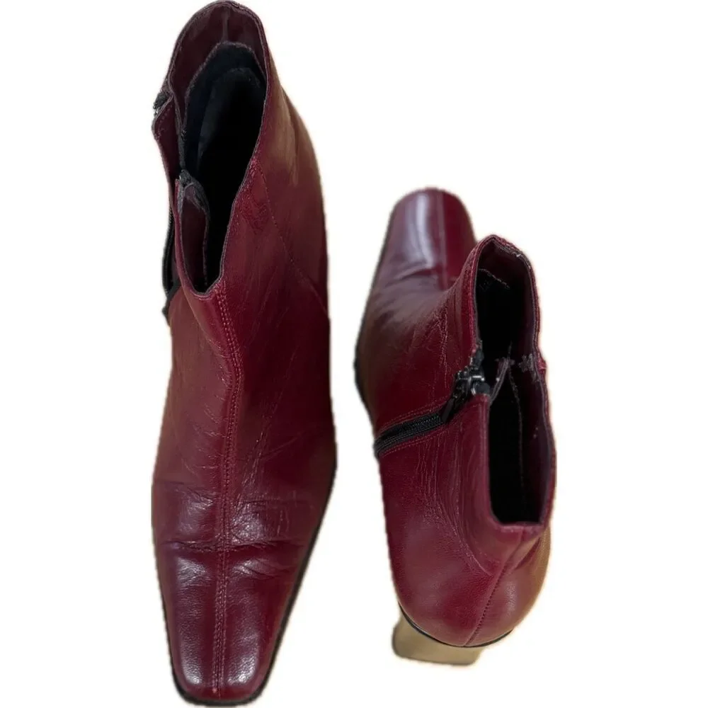 Minozzi Burgundy Leather Ankle Boots with Block Heel | EU 38 | US 7.5-8